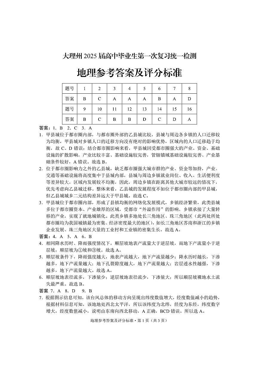 云南省大理白族自治州高三上学期第一次复习统一检测地理答案第1页