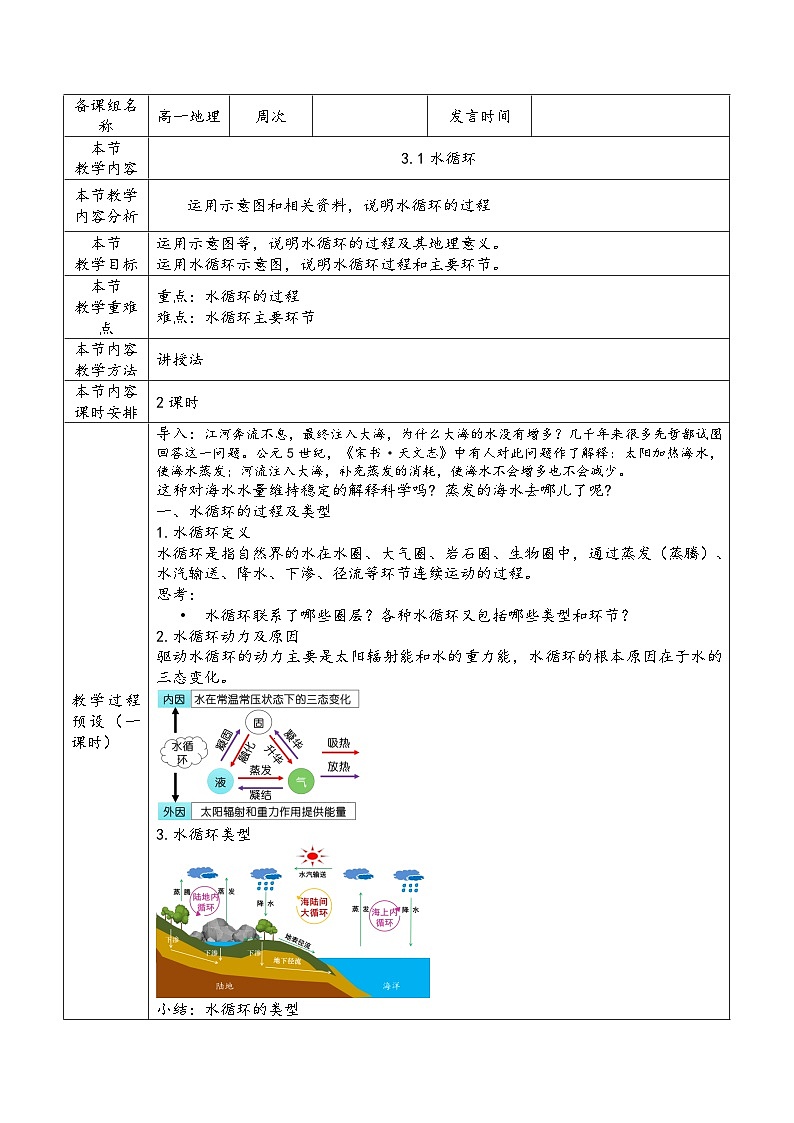 人教版高中地理 必修 第一册 第二章 3-1《水循环》教案第1页