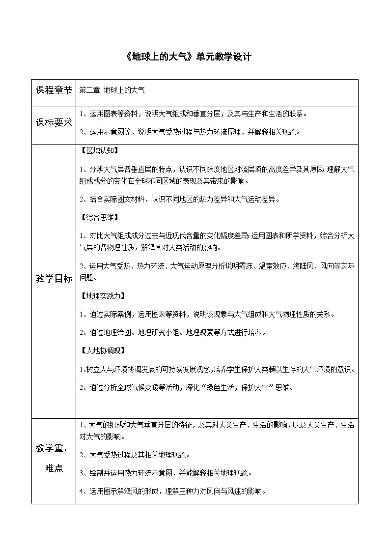 人教版高中地理 必修 第一册 第二章《地球上的大气》单元教学设计第1页