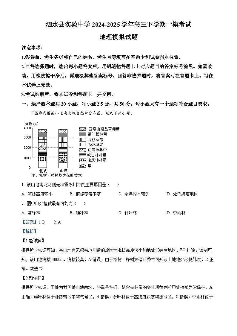 2025届山东省济宁市泗水县实验中学高三下学期一模考试地理模拟试题（解析版）第1页