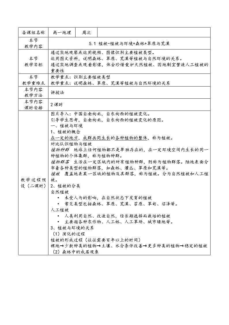 人教版高中地理必修 第一册 5-1《植被》教案第1页