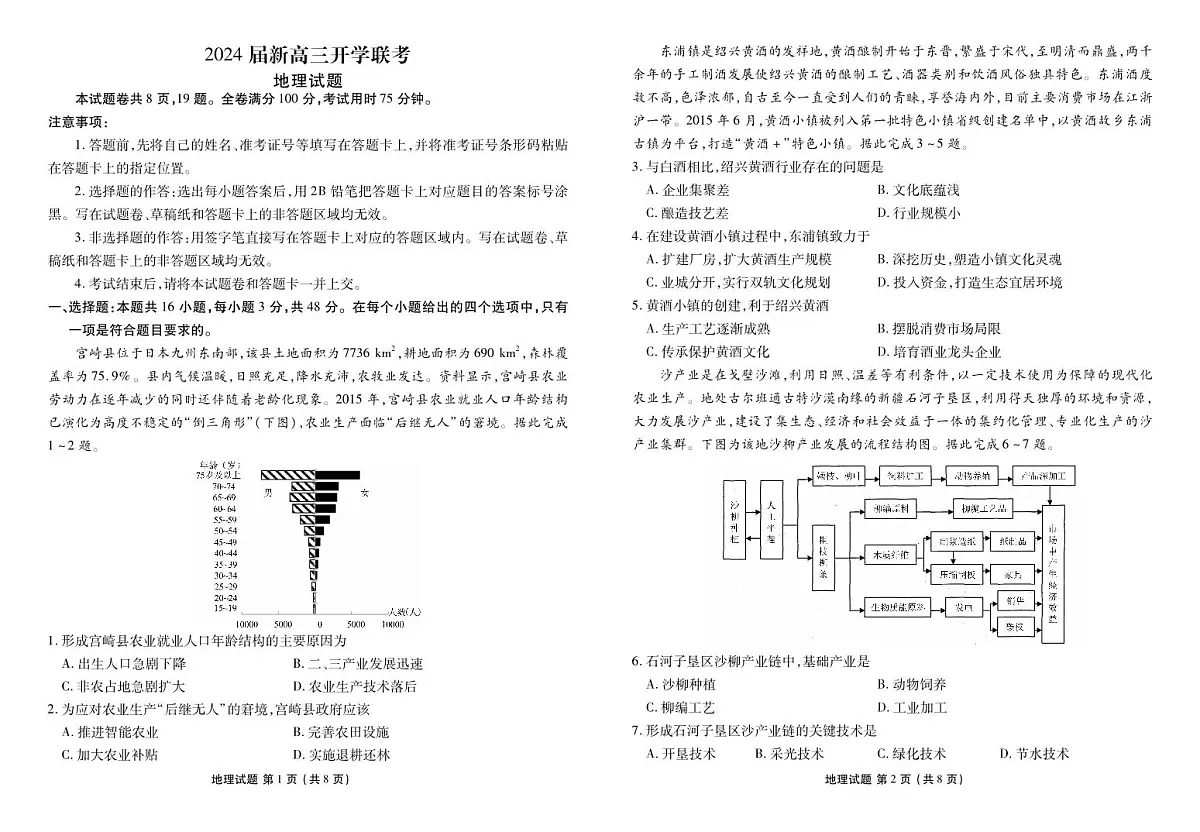 2024届广东省高三上（开学考）-地理试题（含答案）第1页