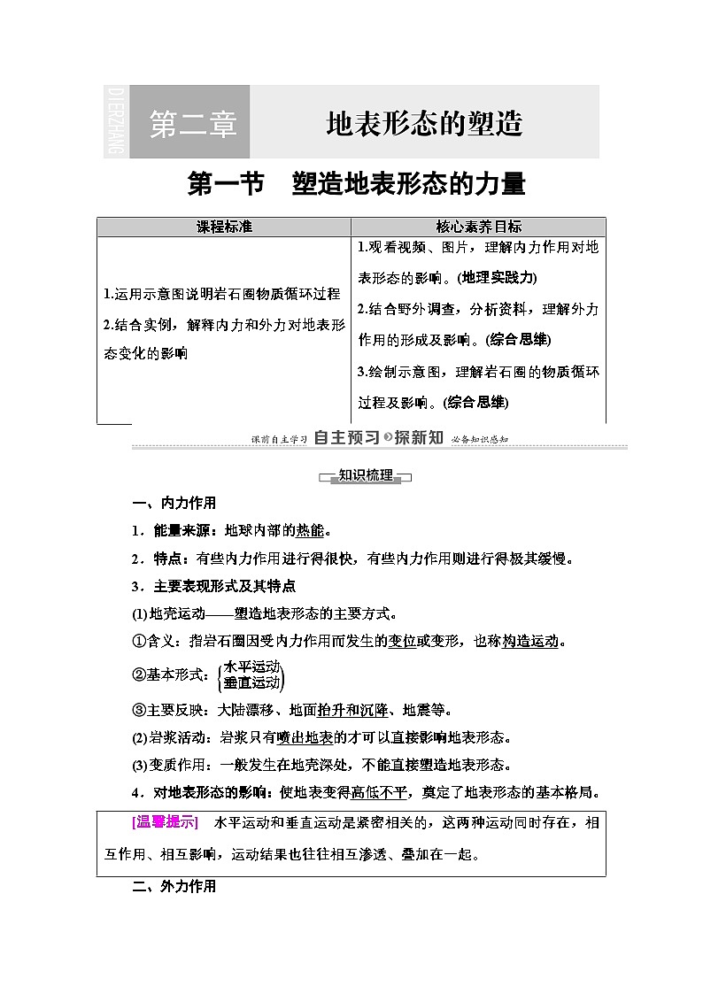 人教版高中地理 选择性必修1 2-1《塑造地表形态的力量》探究学案第1页
