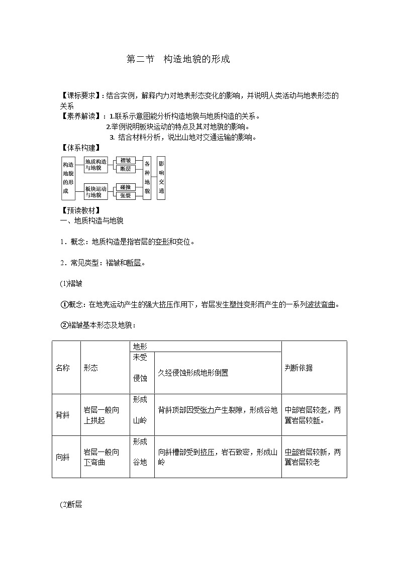 人教版选择性必修1 2-2《构造地貌的形成》学案第1页