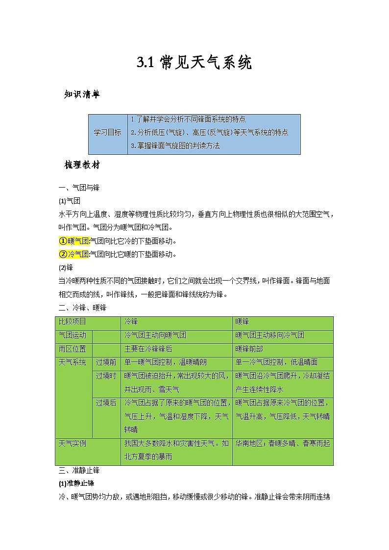 人教版选择性必修1 3-1【知识清单】《常见天气系统》（原卷版无答案）第1页