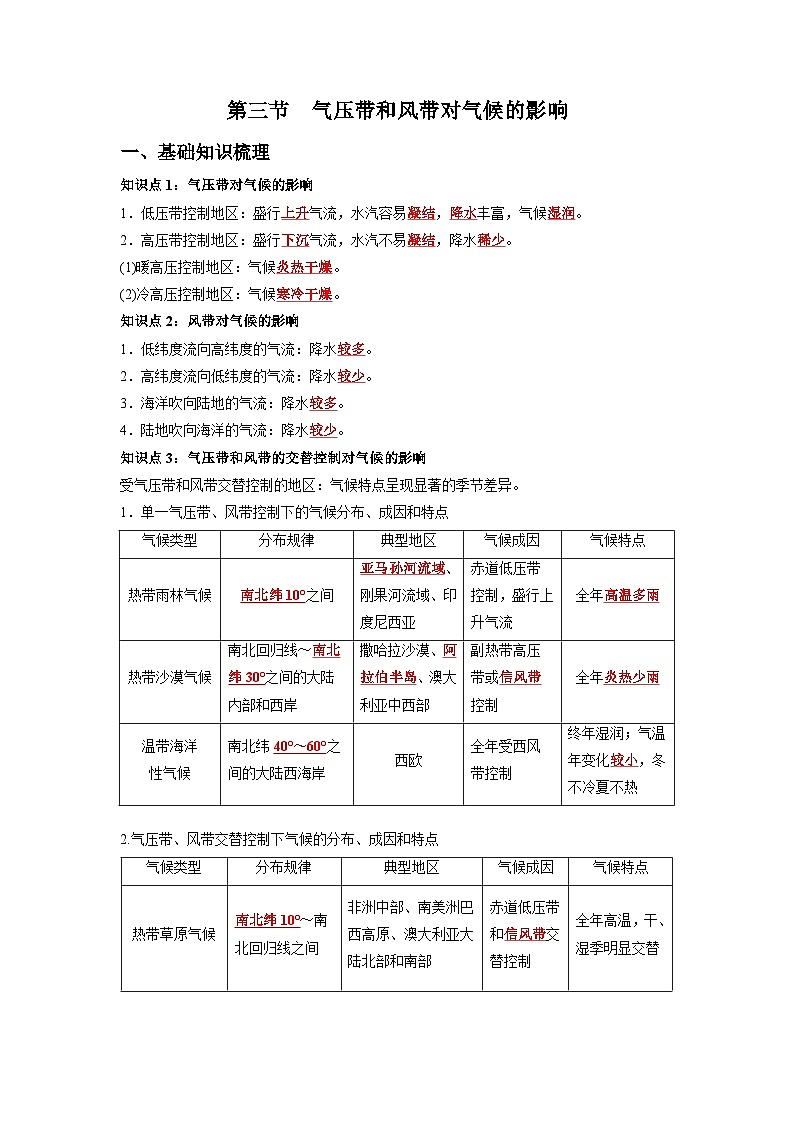 人教版选择性必修1 3-3《气压带和风带对气候的影响》知识清单第1页