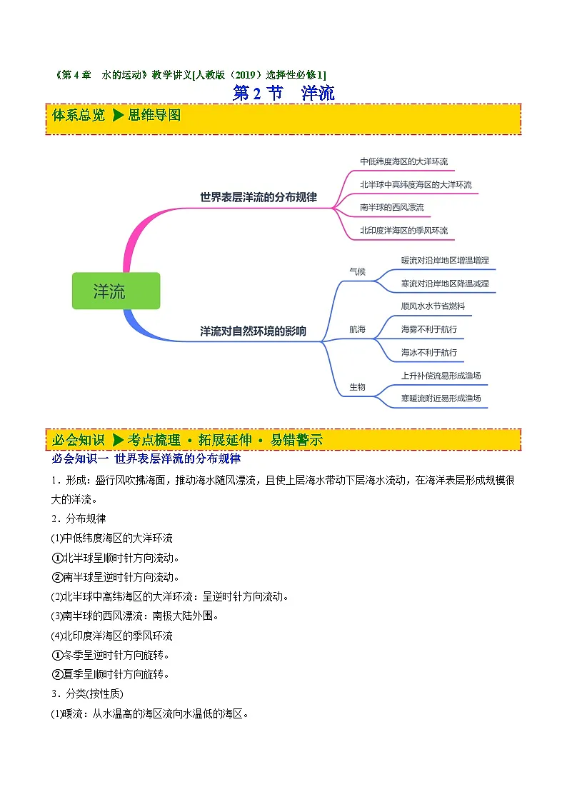 人教版高中地理 选择性必修1 4-2洋流【讲义】（原卷版无答案）第1页