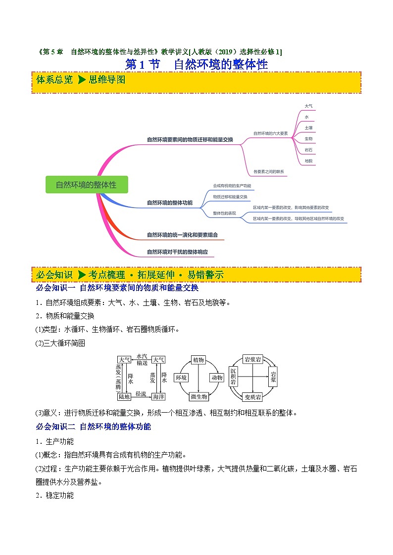 人教版高中地理 选择性必修1 5-1自然环境的整体性【讲义】（原卷版无答案）第1页