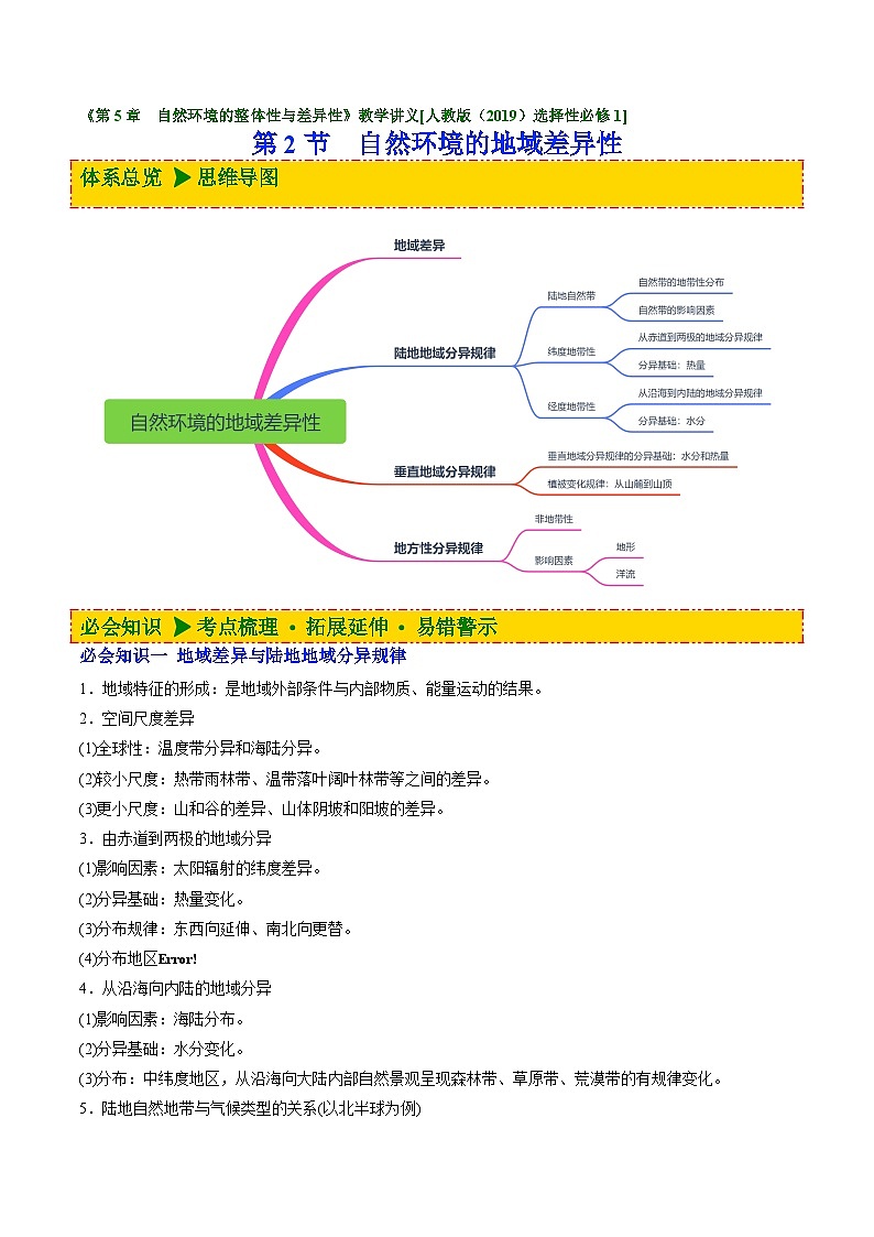 人教版高中地理 选择性必修1 5-2自然环境的地域差异性【讲义】（原卷版无答案）第1页