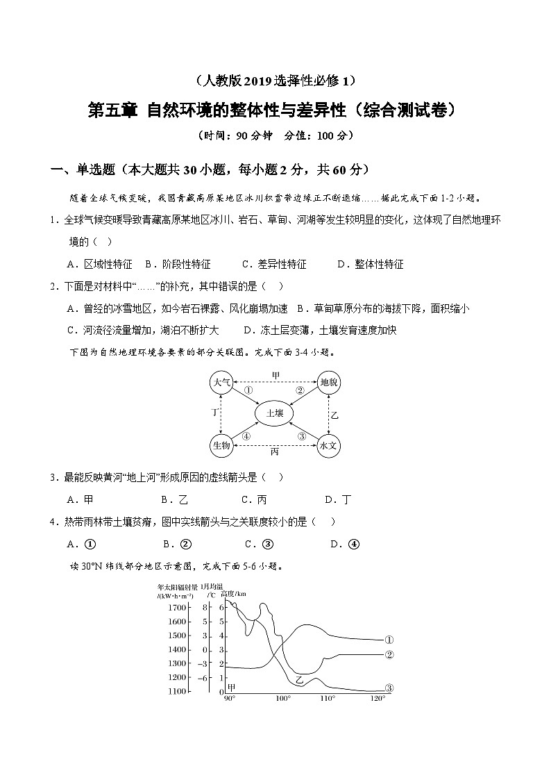 人教版高中地理选择性必修1 5-1第五章自然环境的整体性与差异性综合测试卷（原卷版无答案）第1页