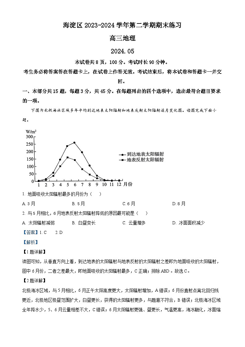 北京市海淀区2024届高三二模考试地理试题 含解析第1页