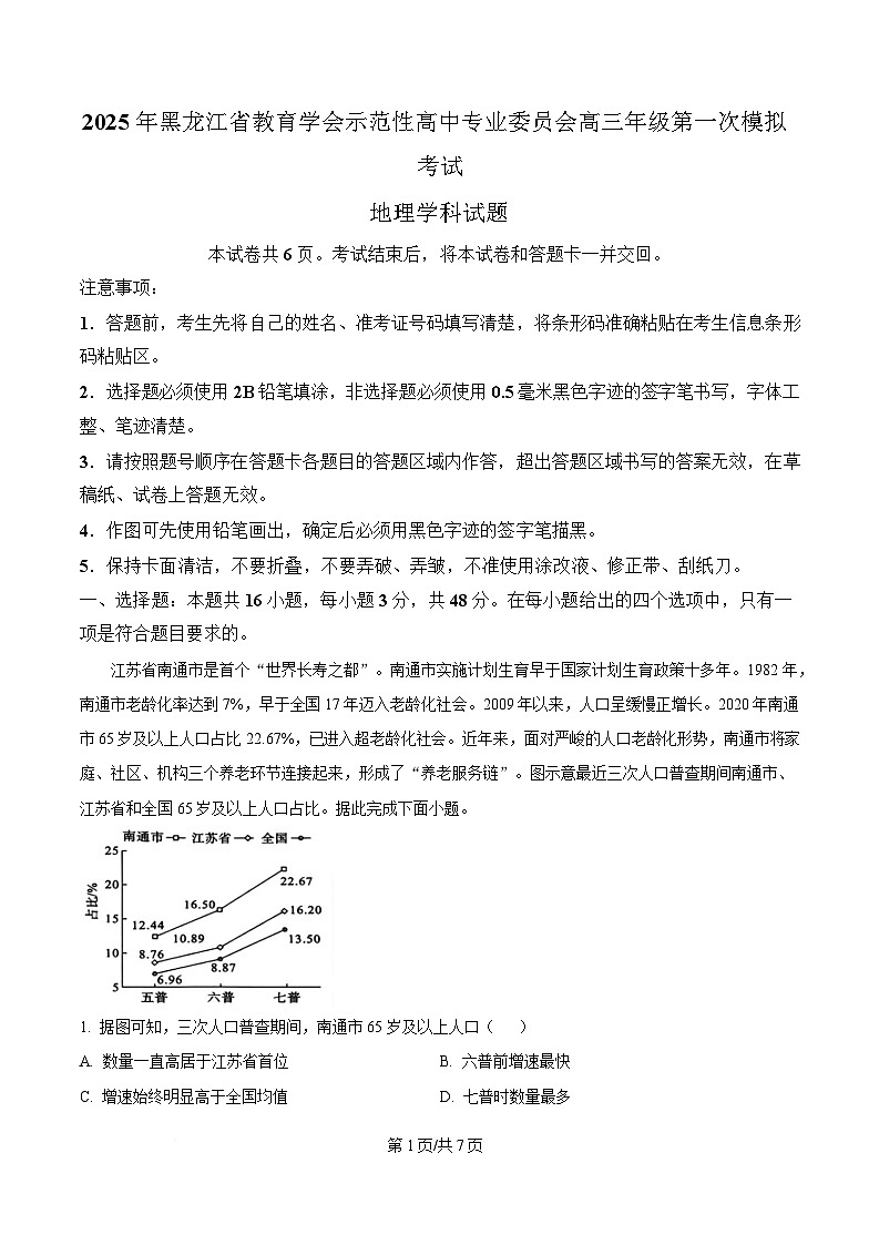 黑龙江省教育学会示范性高中专业委员会2025届高三下学期一模地理试卷（原卷版）第1页