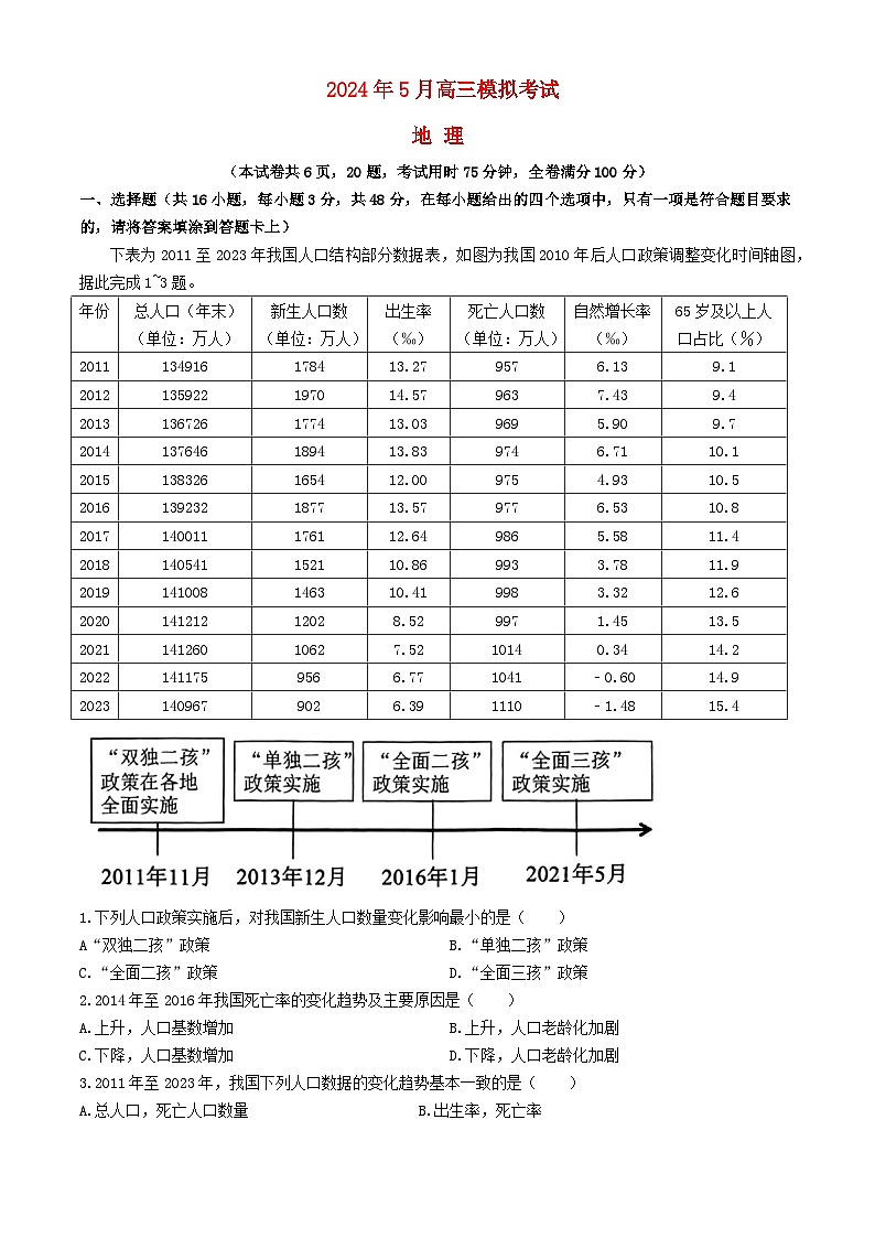 湖南省2024届高三地理下学期5月模拟三模考试试题含解析第1页