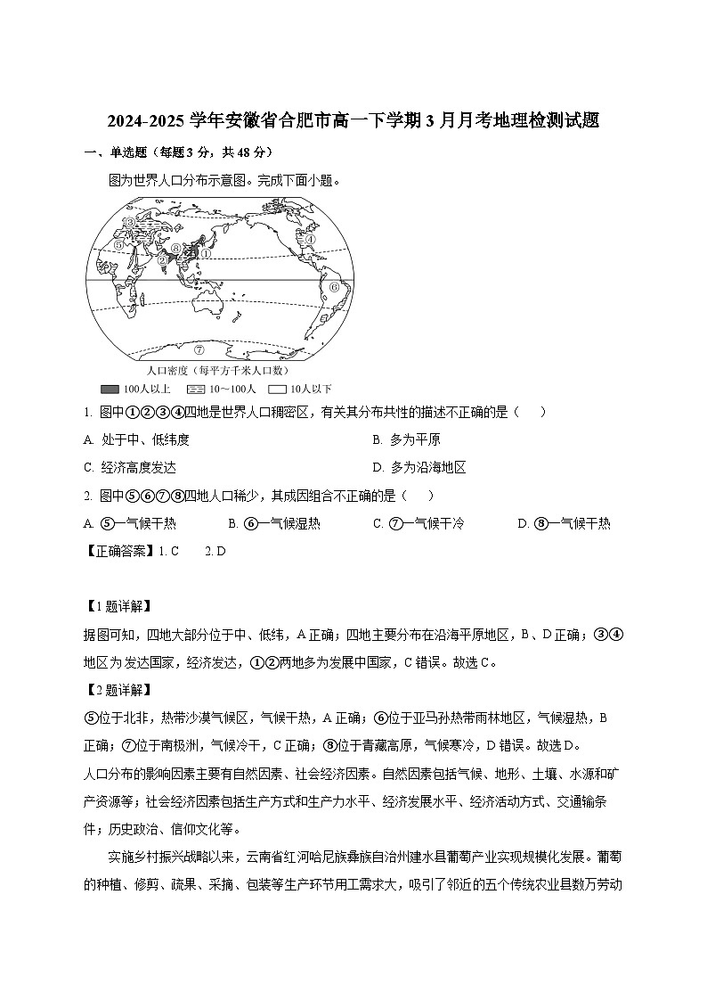 2024-2025学年安徽省合肥市高一下册3月月考地理检测试题（附解析）第1页