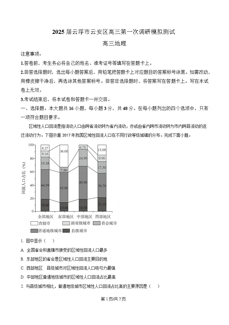 2025届广东省云浮市云安区高三第一次调研模拟测试地理试题（原卷版）第1页