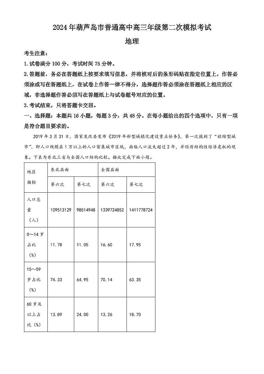 2024届辽宁省葫芦岛市高三第二次模拟-地理试卷（含答案）第1页