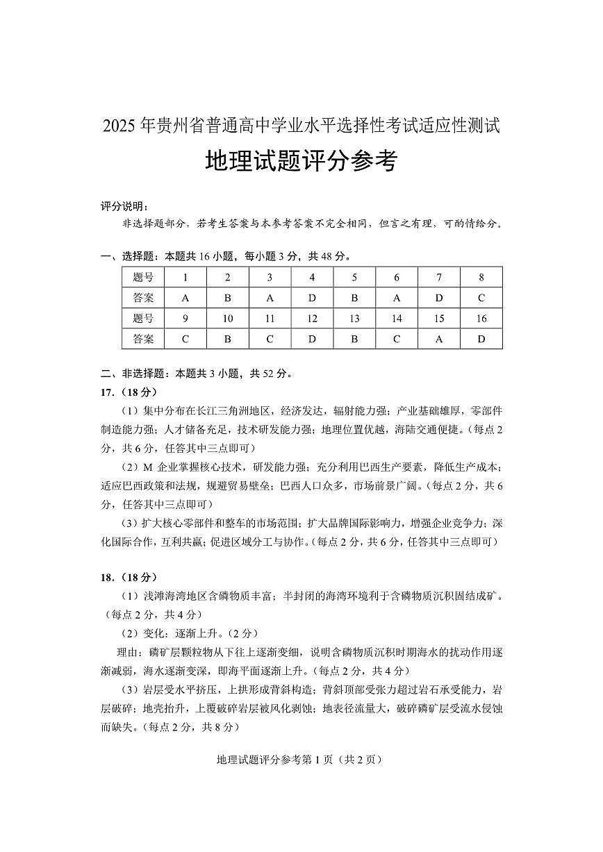 贵州省考试院2025年4月高三年级适应性考试地理答案第1页