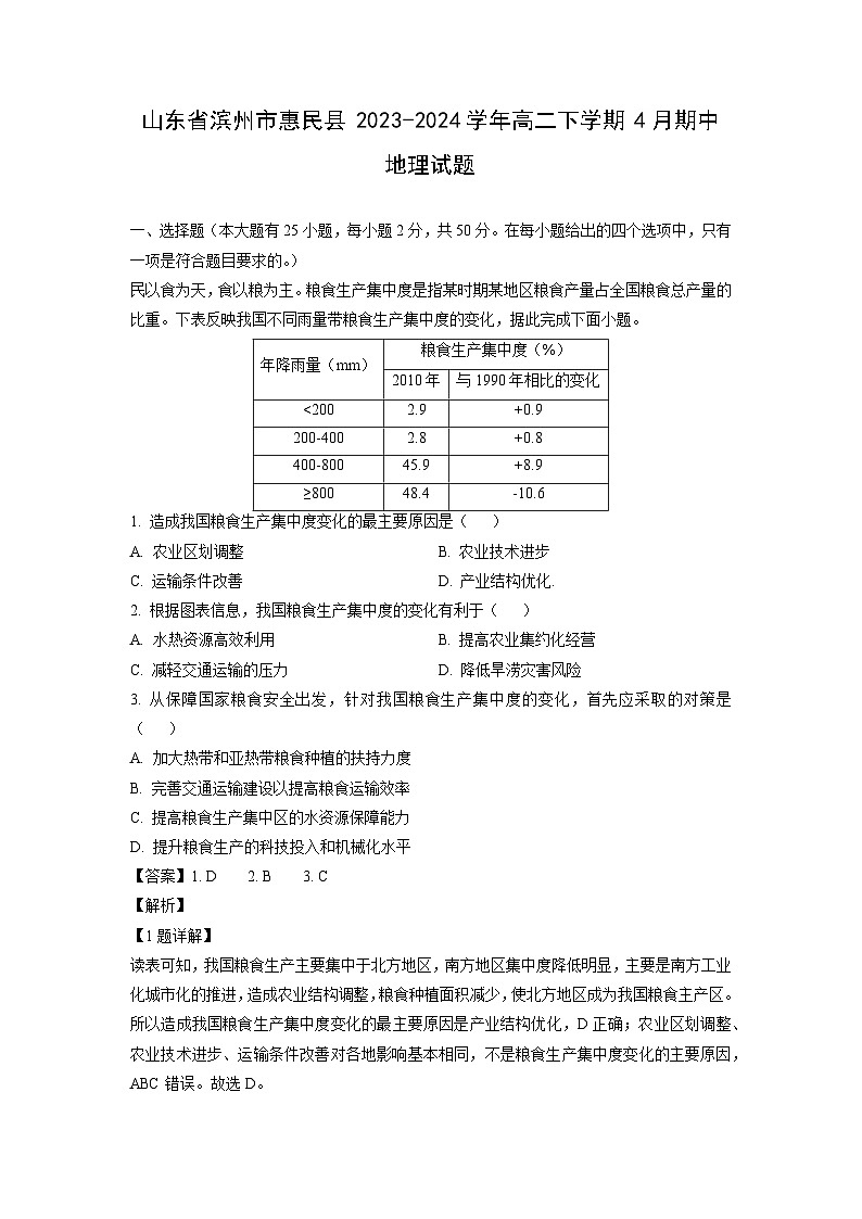 山东省滨州市惠民县2023-2024学年高二下学期4月期中 地理试卷（解析版）第1页