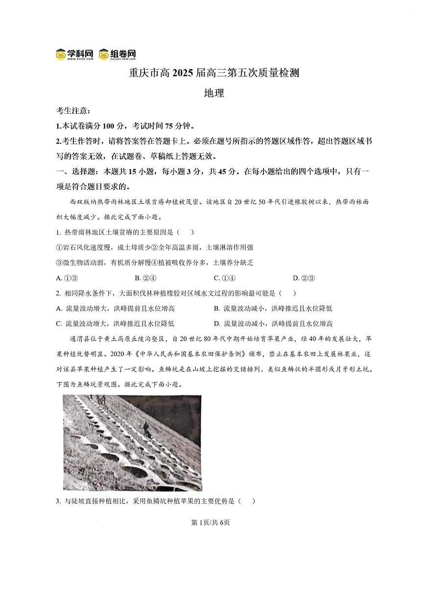 2025重庆市南开中学高三第五次质量检测地理试卷（含答案）第1页