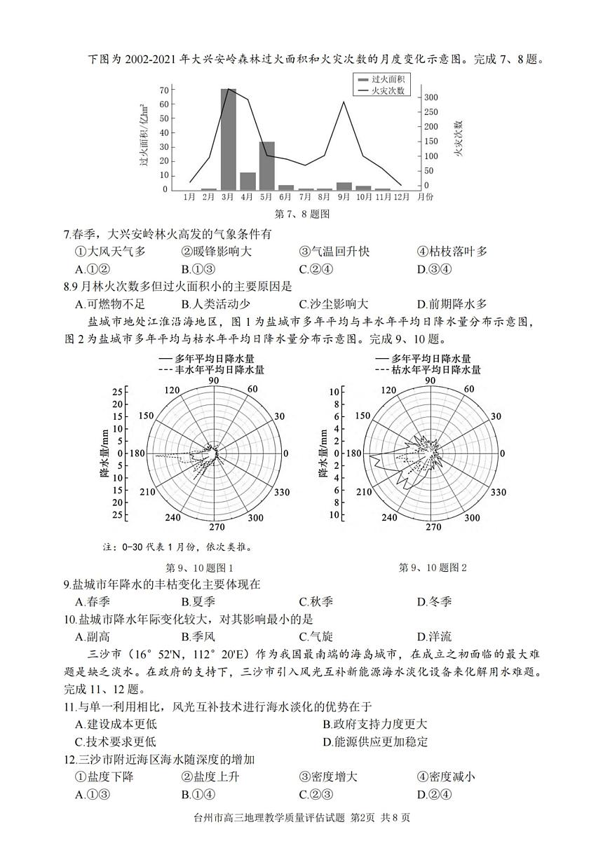 2024届浙江省台州市高三第一次教学质量评估(11月)-地理试题（含答案）第2页
