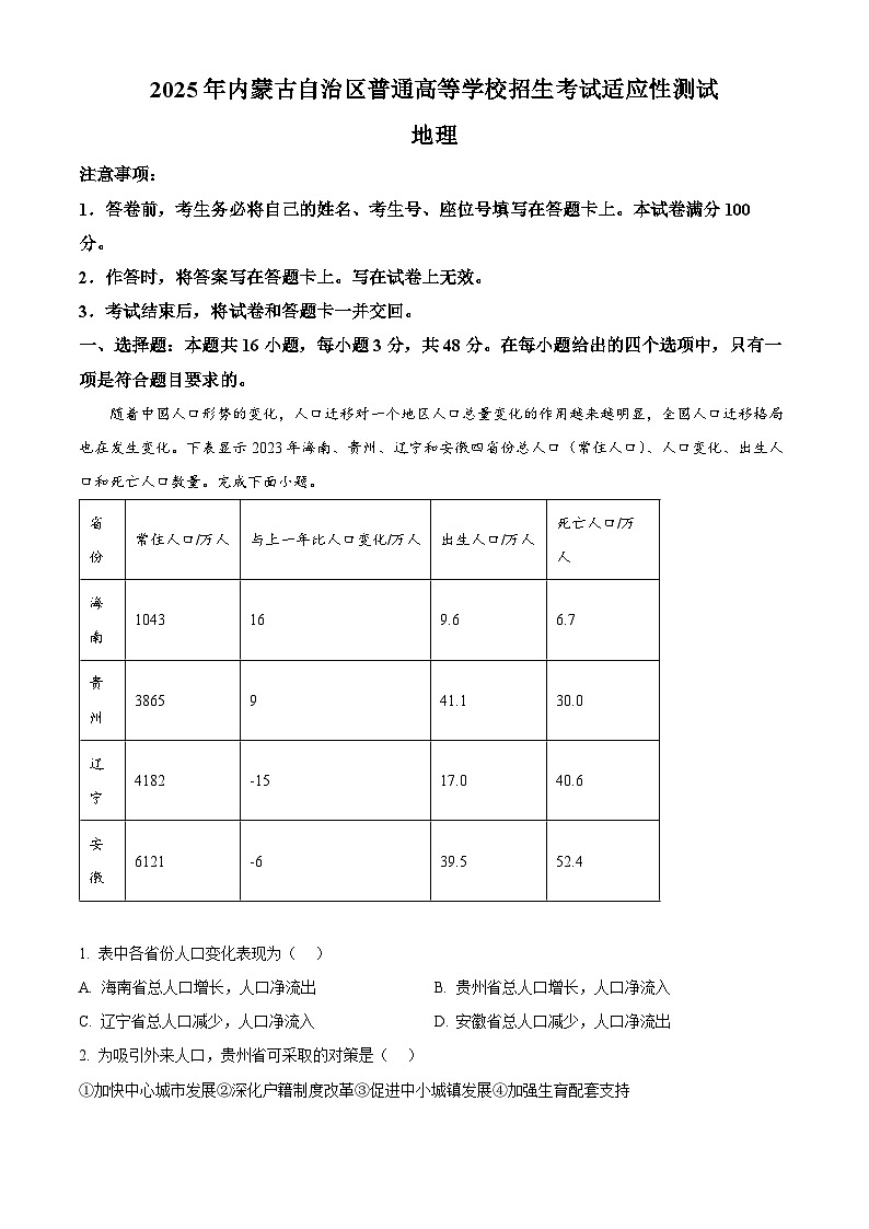 2025年1月八省联考高考综合改革适应性测试——高三地理（内蒙古卷）Word版无答案第1页