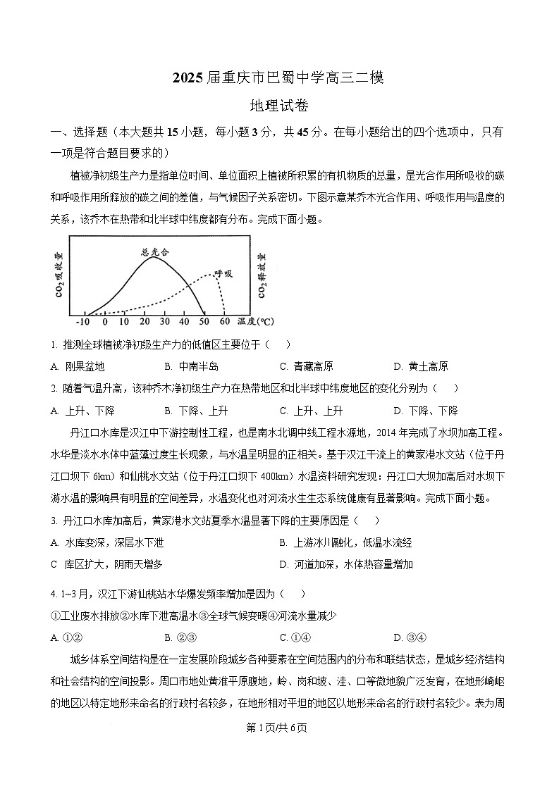 重庆市巴蜀中学2025届高三下学期二模地理试题（原卷版）第1页