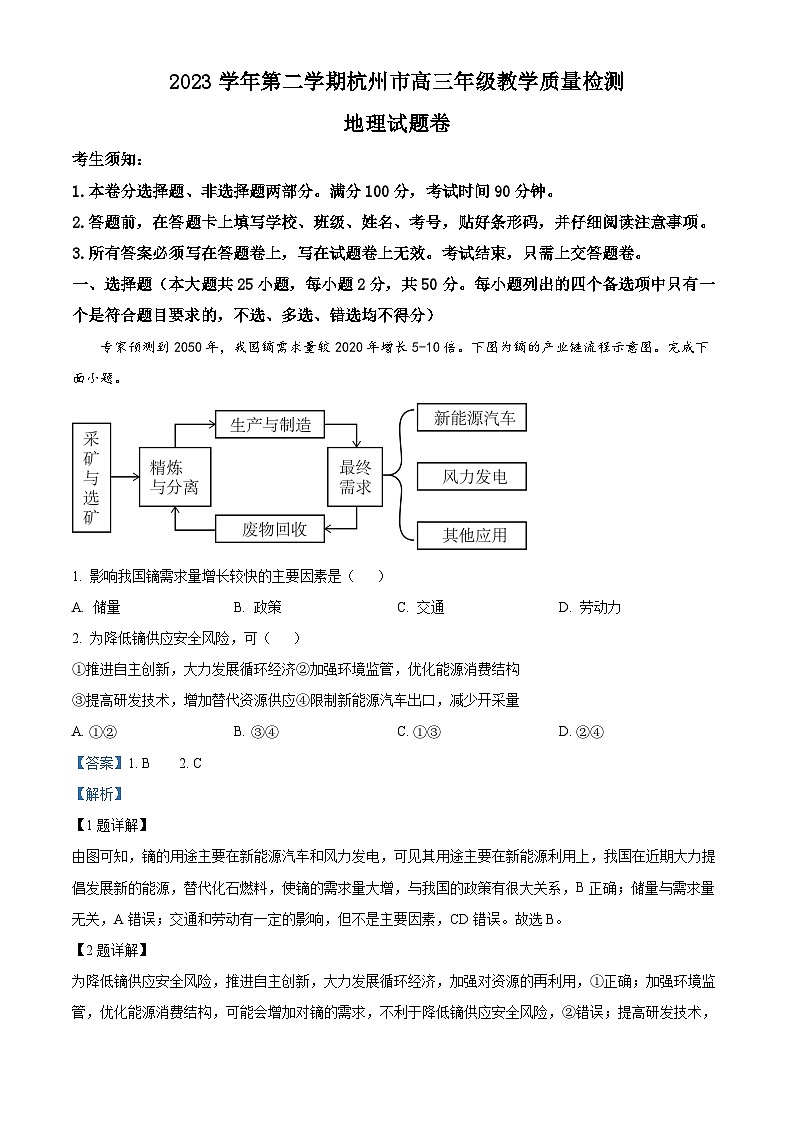 浙江省杭州市2024届高三下学期二模地理试题 含解析第1页