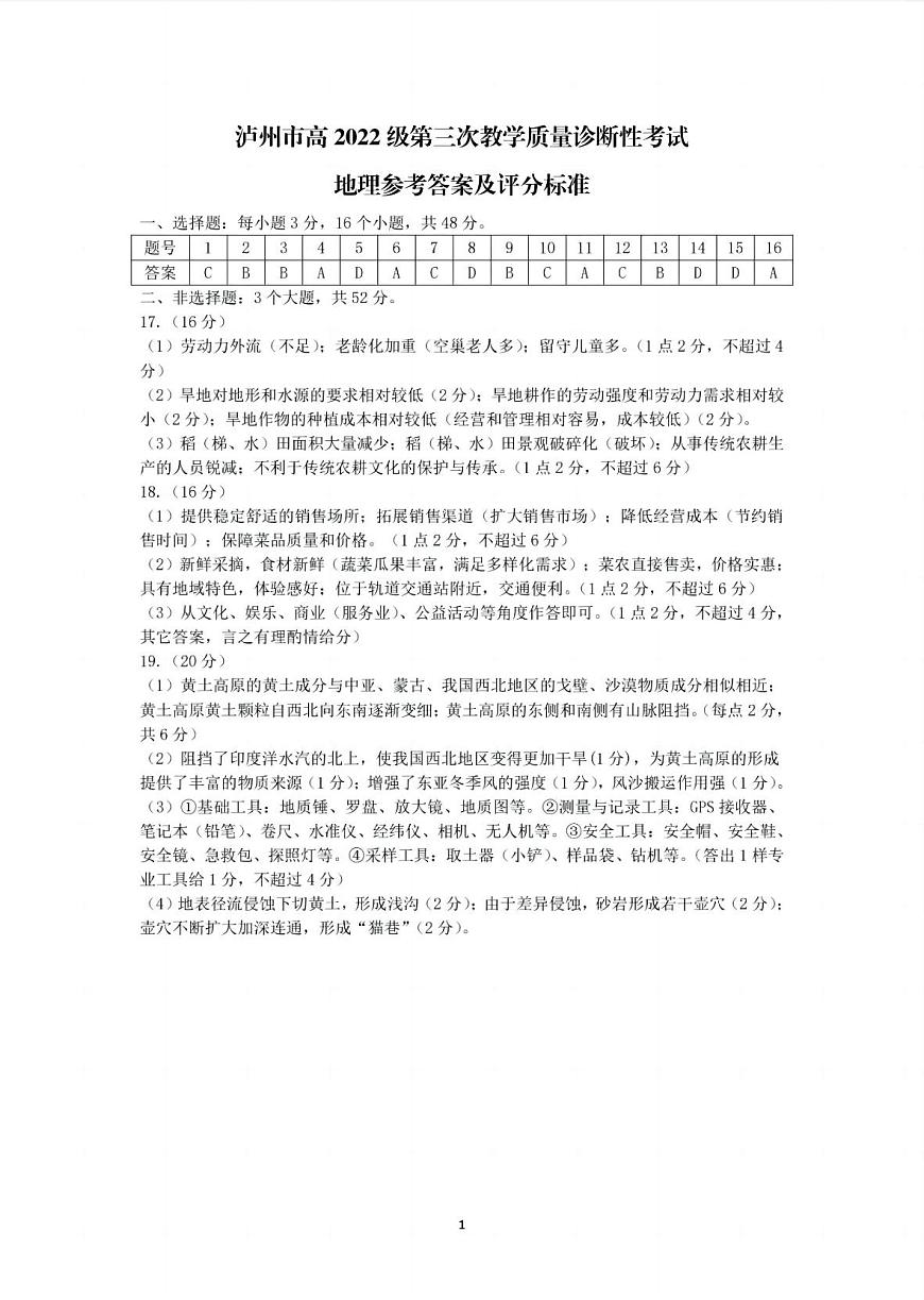 四川省泸州市高2022级第三次教学质量诊断性考试地理答案第1页