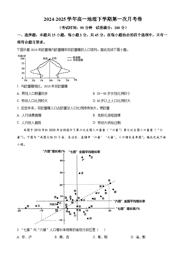 山东省菏泽市曹县第一中学2024-2025学年高一下学期3月月考地理试题（原卷版）第1页