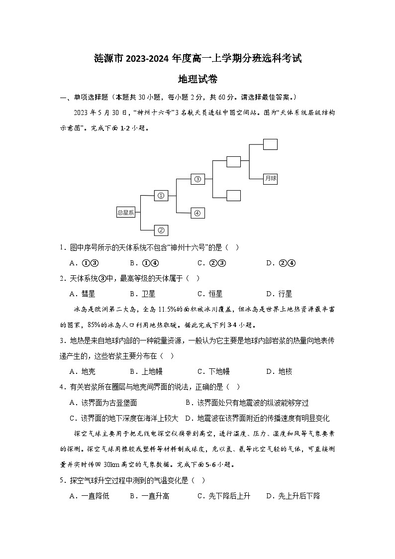 湖南省娄底市涟源市2023-2024学年高一上学期1月期末地理试题（含答案）第1页