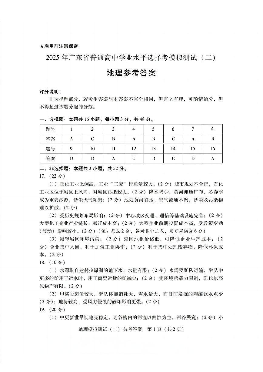 广东省2025年普通高等学校招生全国统一考试模拟测试地理答案第1页