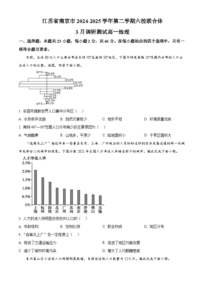江苏省南京市六校联合体2024-2025学年高一下学期3月调研测试地理试卷  Word版无答案第1页