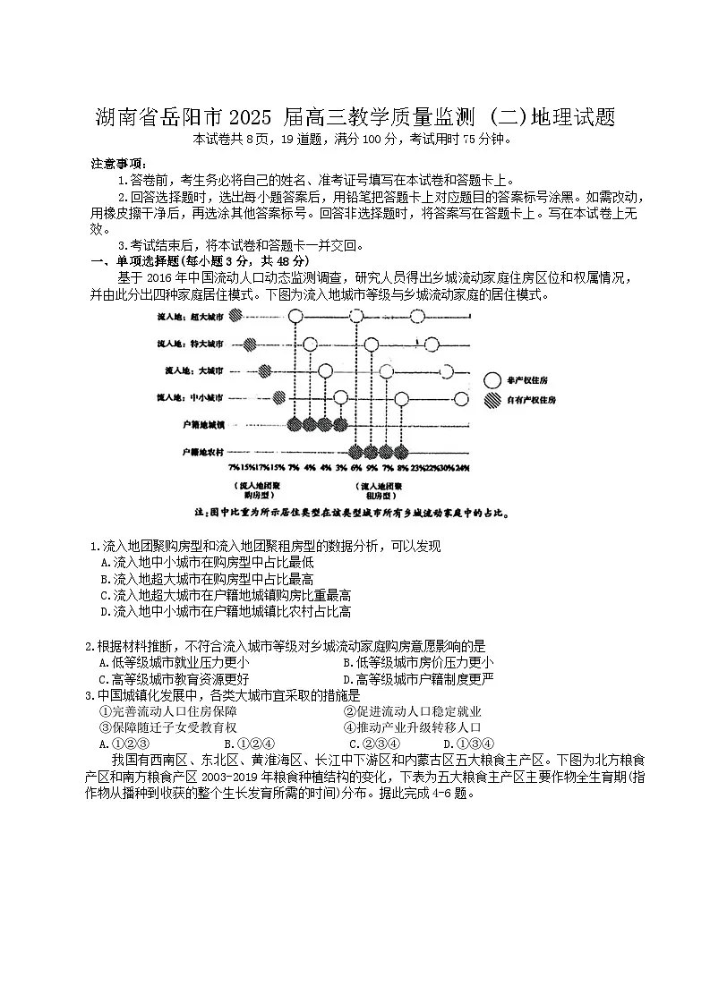 湖南省岳阳市2025届高三下学期教学质量监测（二）地理试题（含答案）第1页