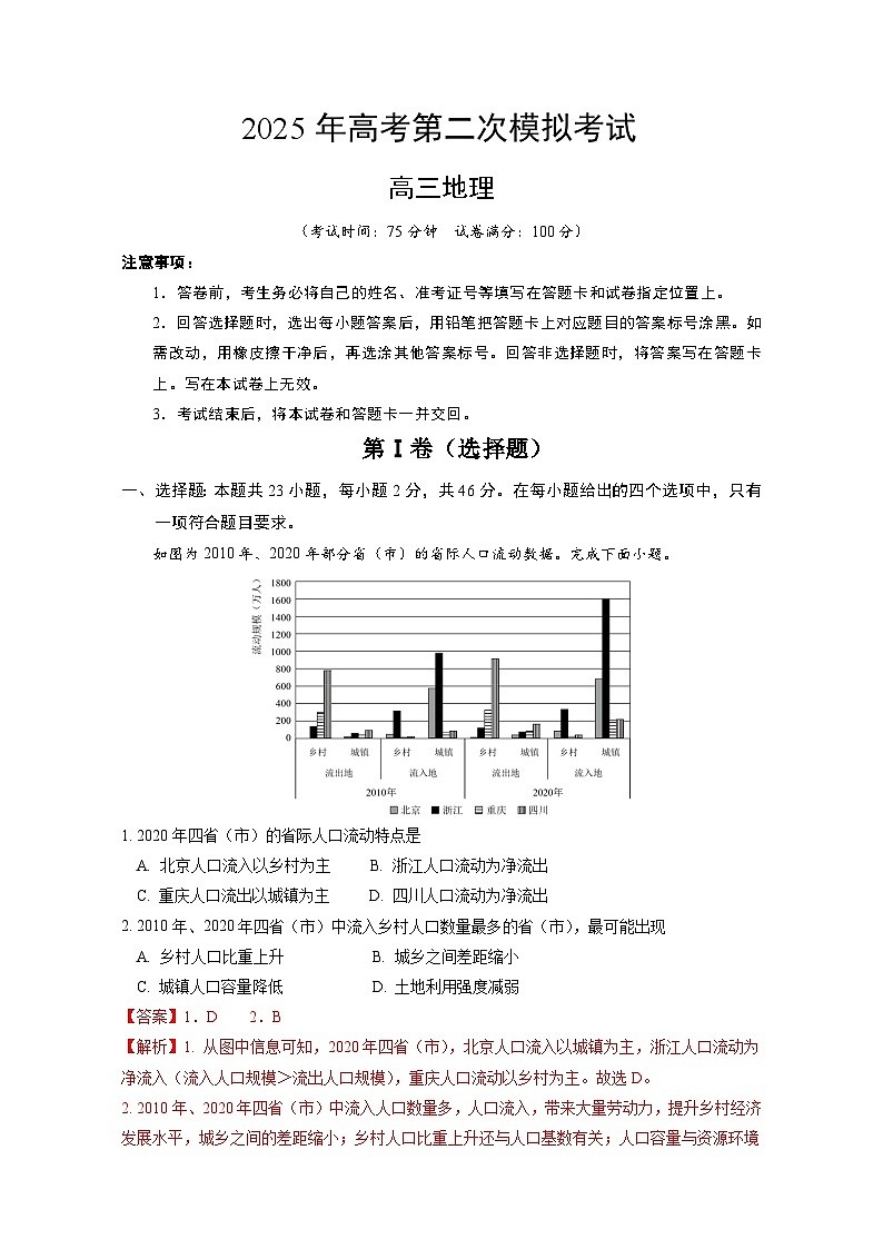 2025年高考第二次模拟考试卷：地理（四川卷）（解析版）第1页