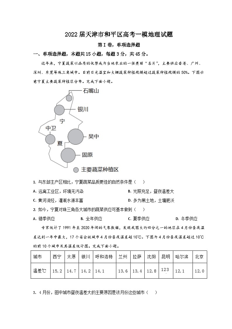 天津市和平区2022届高三下学期一模考试地理试题 含答案第1页