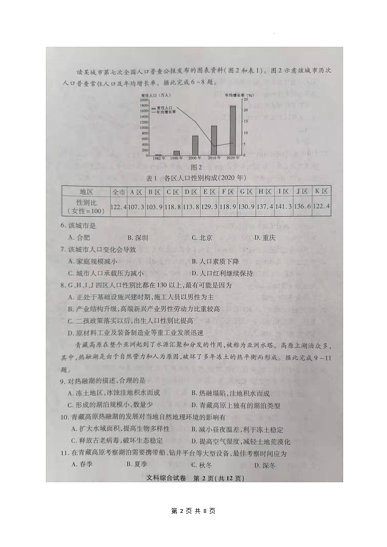 2022届安徽省江南十校高三下学期3月一模联考文综地理试题 附答案第2页