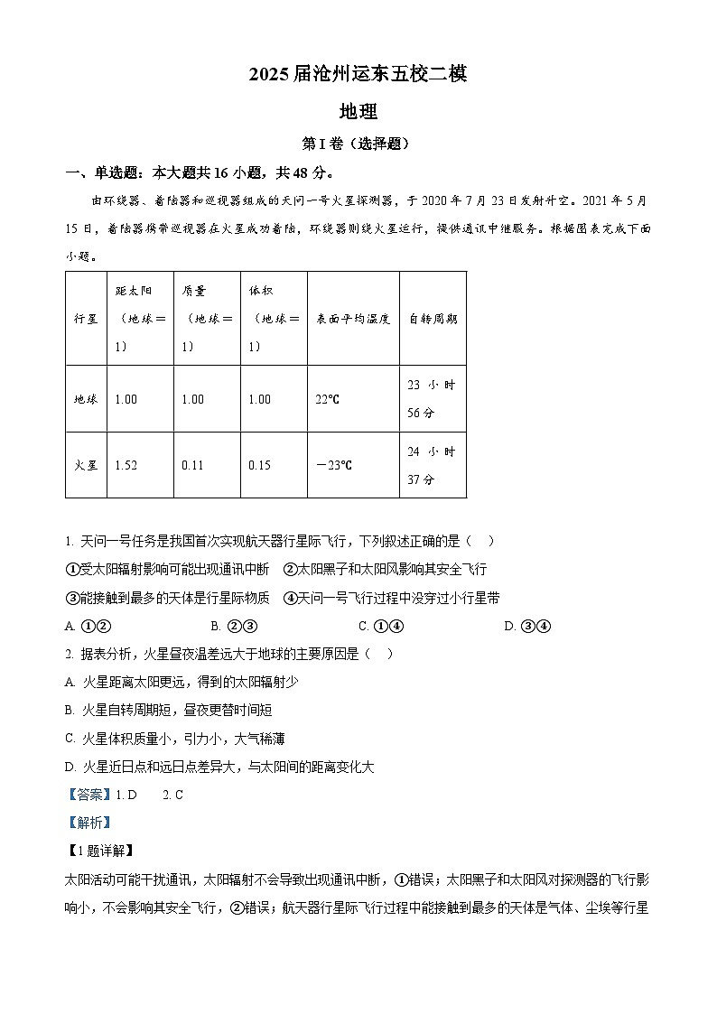 河北省沧州市运东五校2024-2025学年高三下学期二模地理试题 含解析第1页
