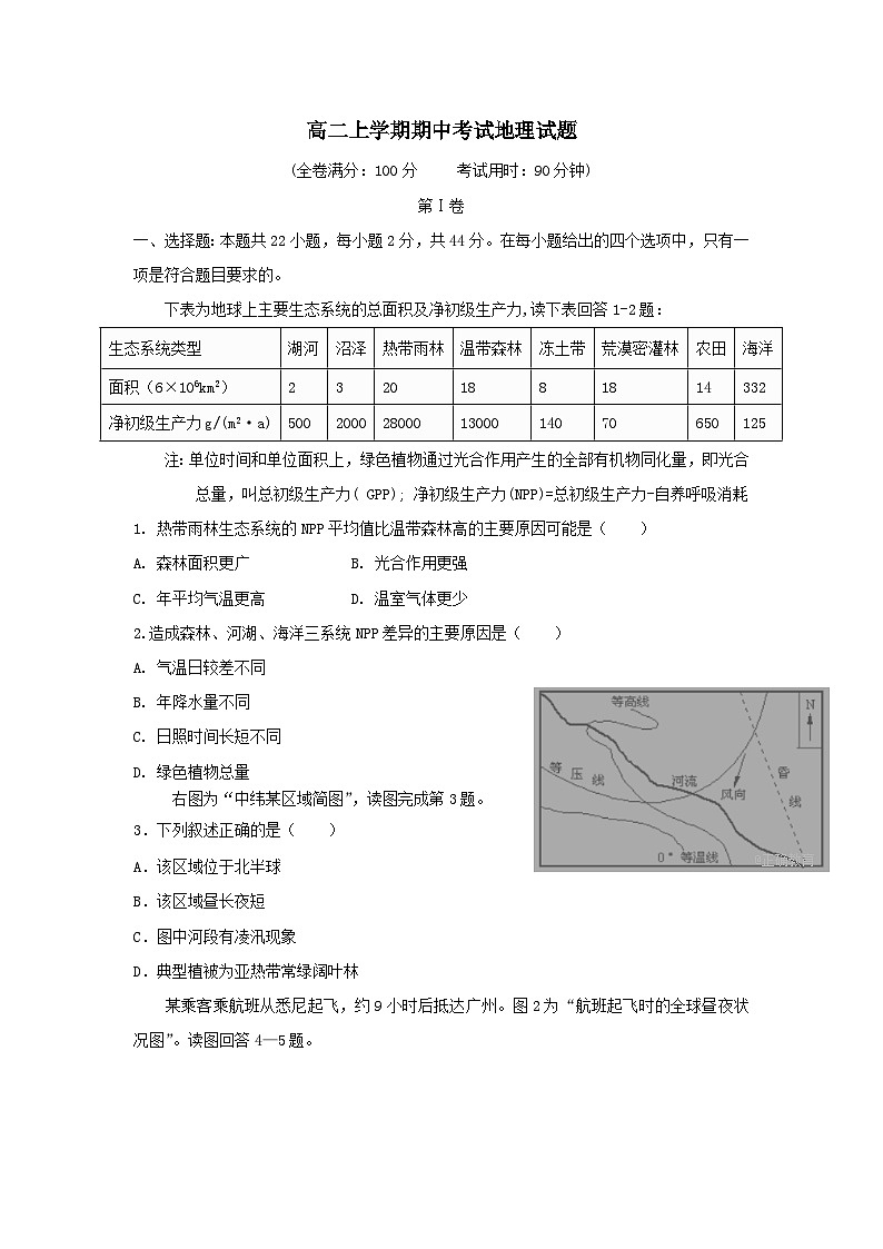 高二上学期期中考试地理试题 无答案第1页