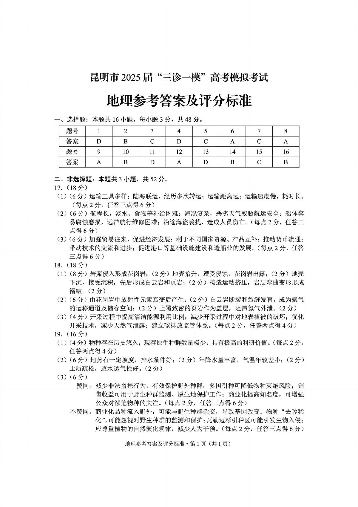 云南省昆明市2025届“三诊一模”高考模拟考试地理答案第1页
