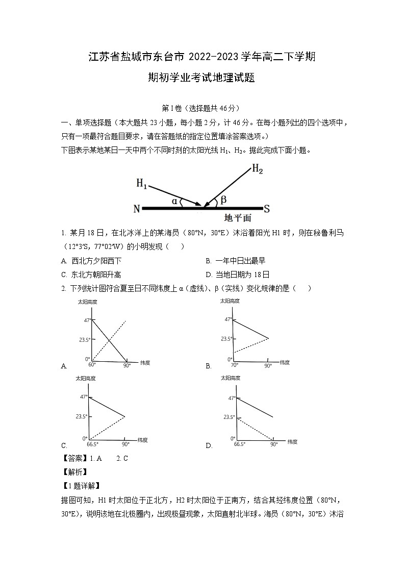 江苏省盐城市东台市2022-2023学年高二下学期期初学业考试地理试卷（解析版）第1页