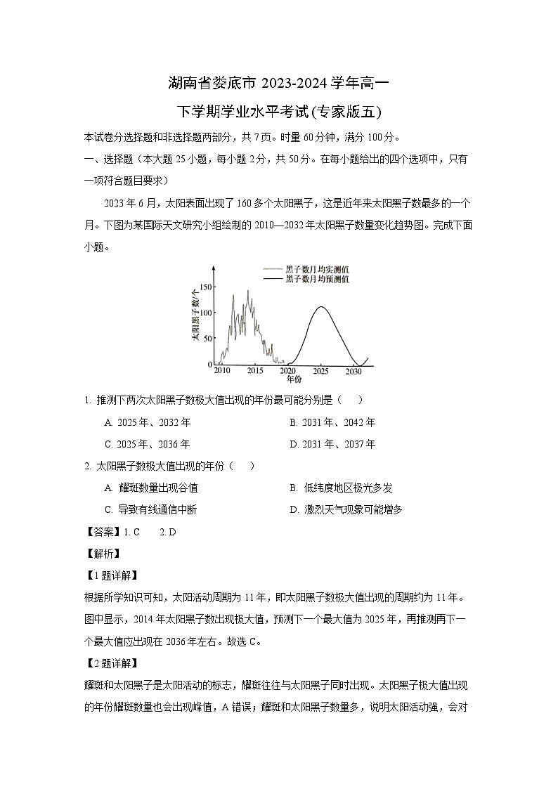湖南省娄底市2023-2024学年高一下学期学业水平考试(专家版五)地理试卷（解析版）第1页
