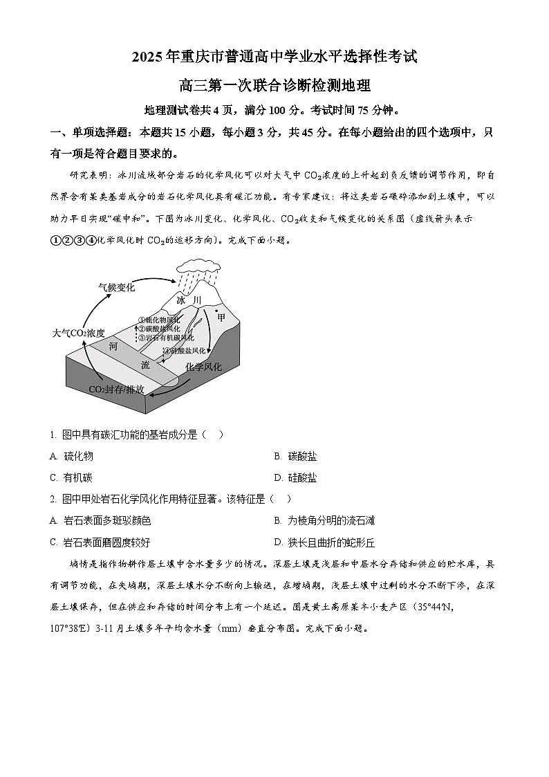 重庆市2024-2025学年高三上学期一诊地理试题 Word版无答案第1页