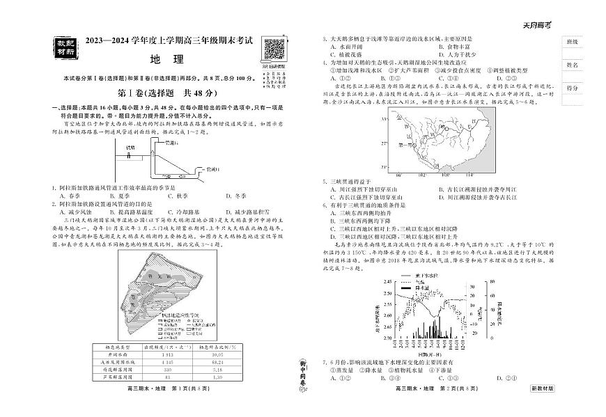 衡中同卷2023-2024学年高三上学期期末考试 地理试卷（含答案）第1页