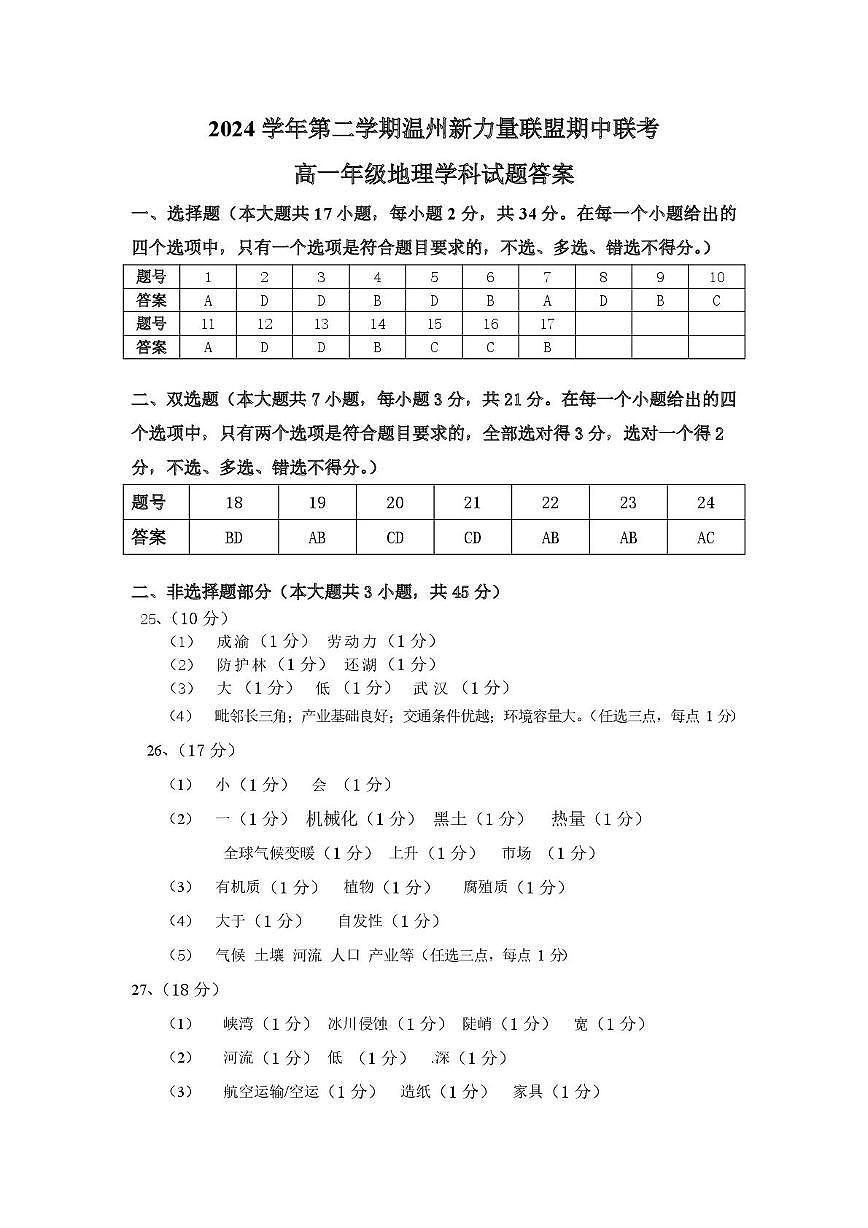 高一地理答案第1页