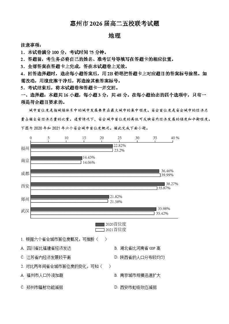 广东省惠州仲恺中学等五校2024-2025学年高二下学期4月联考地理试卷（原卷版+解析版）第1页