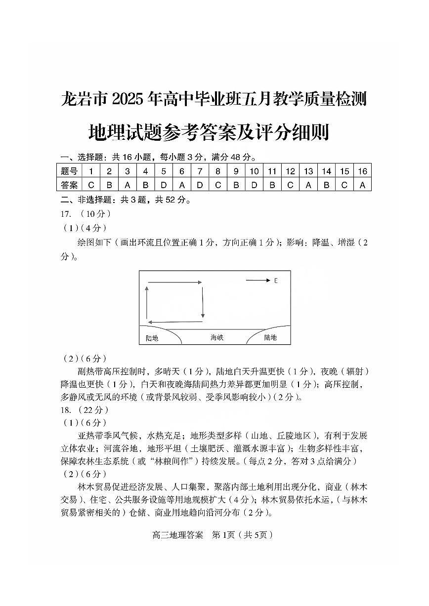 福建省龙岩市2025年高中毕业班五月教学质量检测地理答案第1页