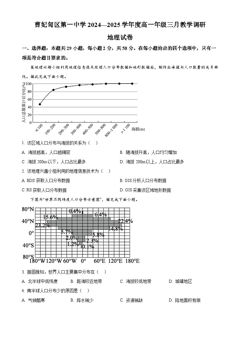 河北省唐山市曹妃甸区第一中学2024-2025学年高一下学期3月月考地理试题（原卷版+解析版）第1页