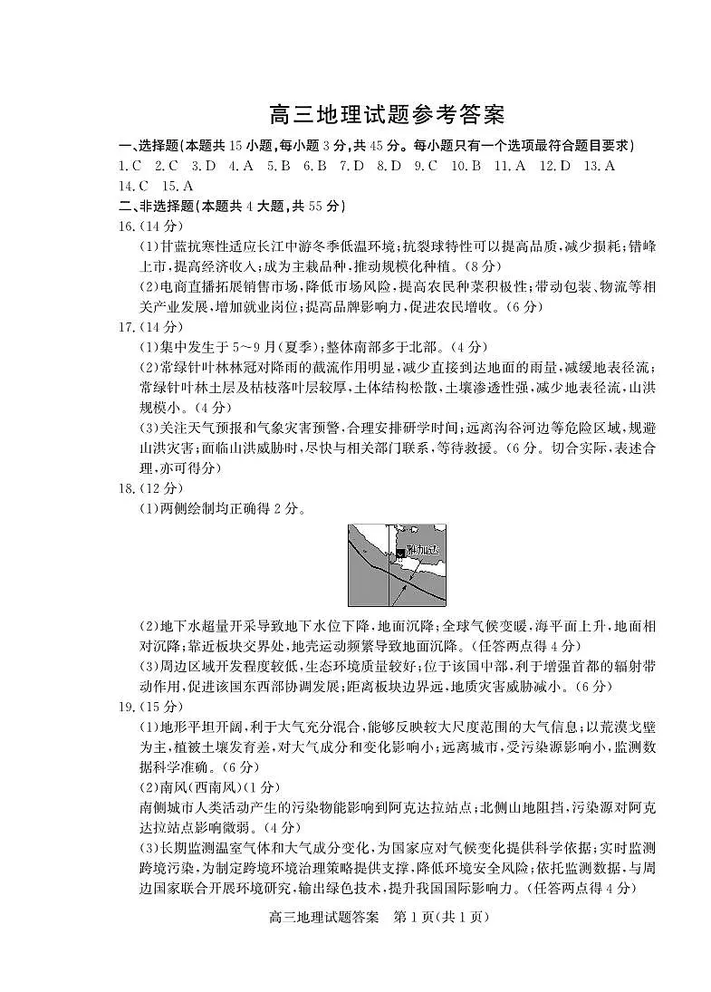 山东省（烟台市、德州市）2025届高三高考适应性测试地理答案第1页