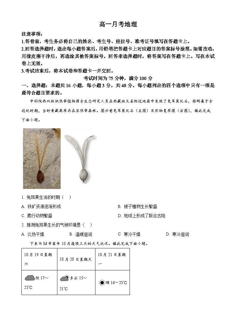湖南省涟源市部分高中联考2024-2025学年高一下学期3月月考地理试题（原卷版+解析版）第1页