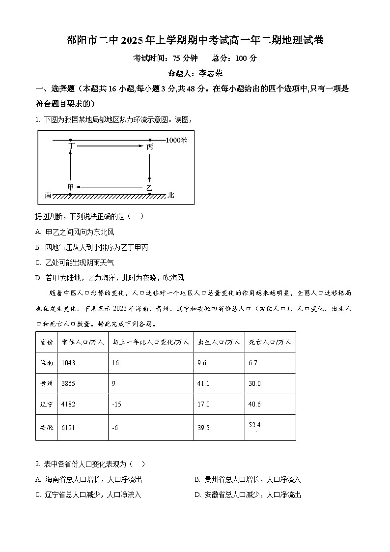 湖南省邵阳市第二中学2024-2025学年高一下学期4月期中地理试题（原卷版+解析版）第1页